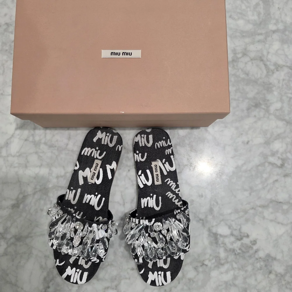 Miu Miu Denim Embellished Crystal Slides Sandals Slippers Size 39.5‎